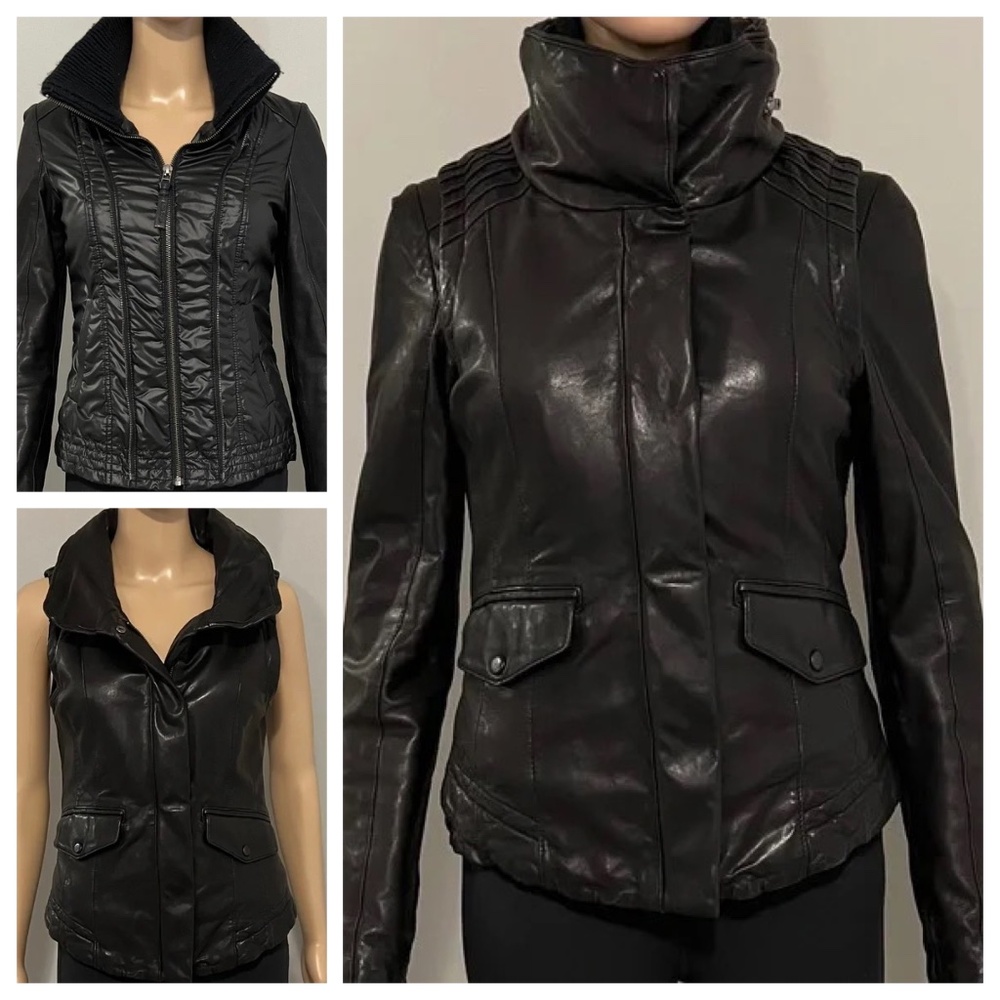 Mackage 3 in 1 Black Leather Jacket + Vest Soft Lambskin + Wool Women's Sz XS